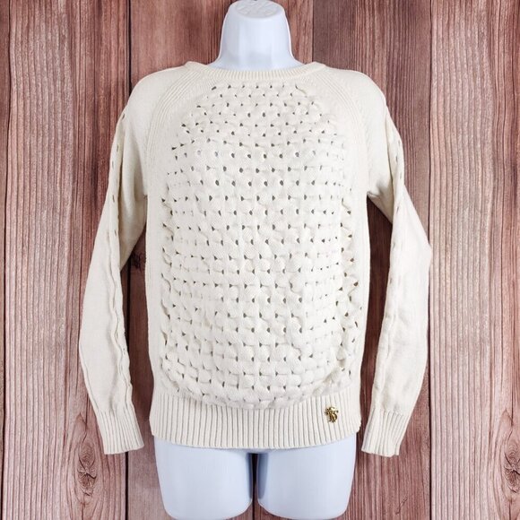 Tory Burch Womens Size Small White Knit Sweater Cotton Polyester Logo - Picture 1 of 15